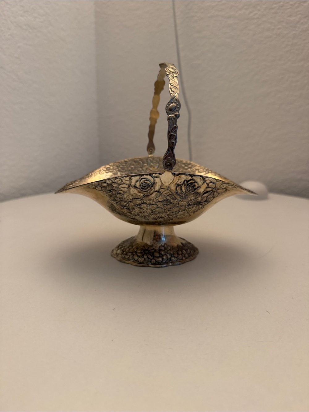 Ornate Decorative Basket with Handle - silver Tone